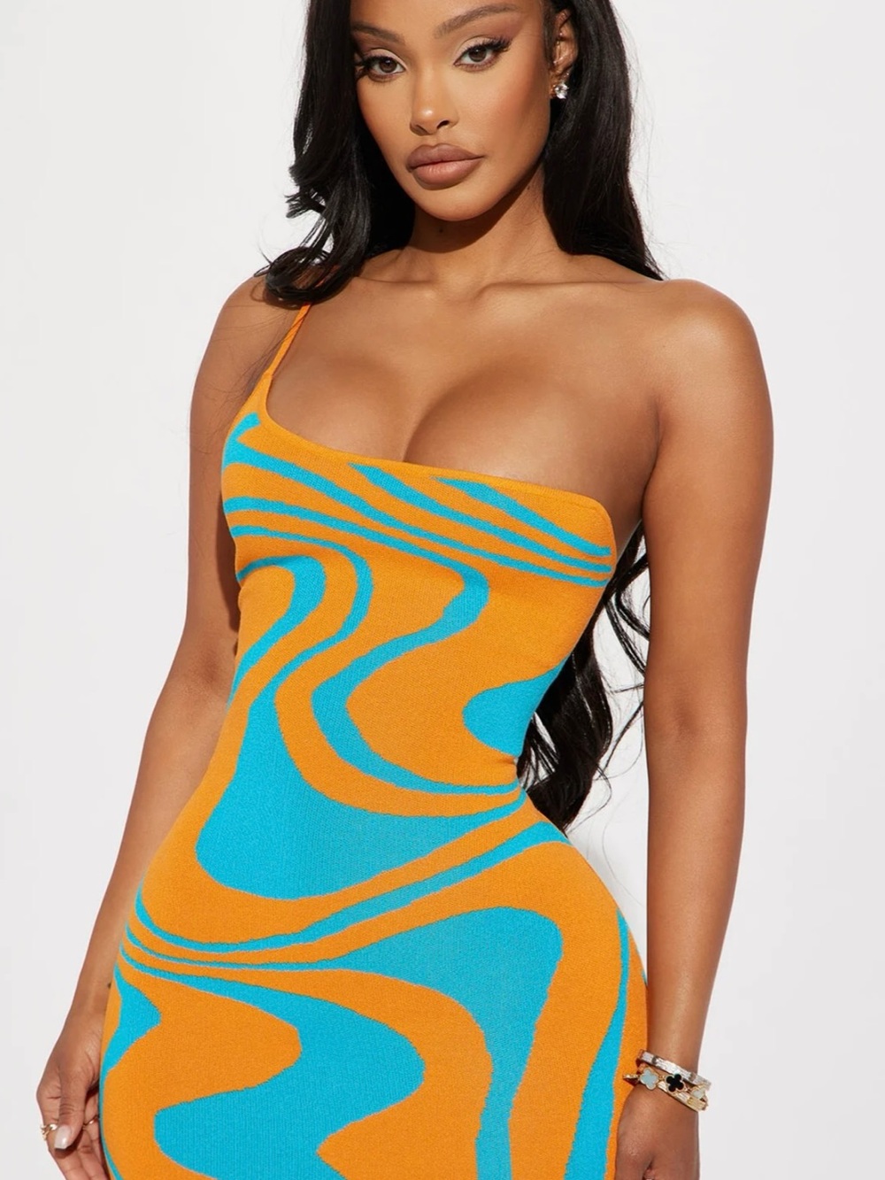 Fashion Nova Orange & Turquoise One-Shoulder Mini Dress - Picture 3 of 3